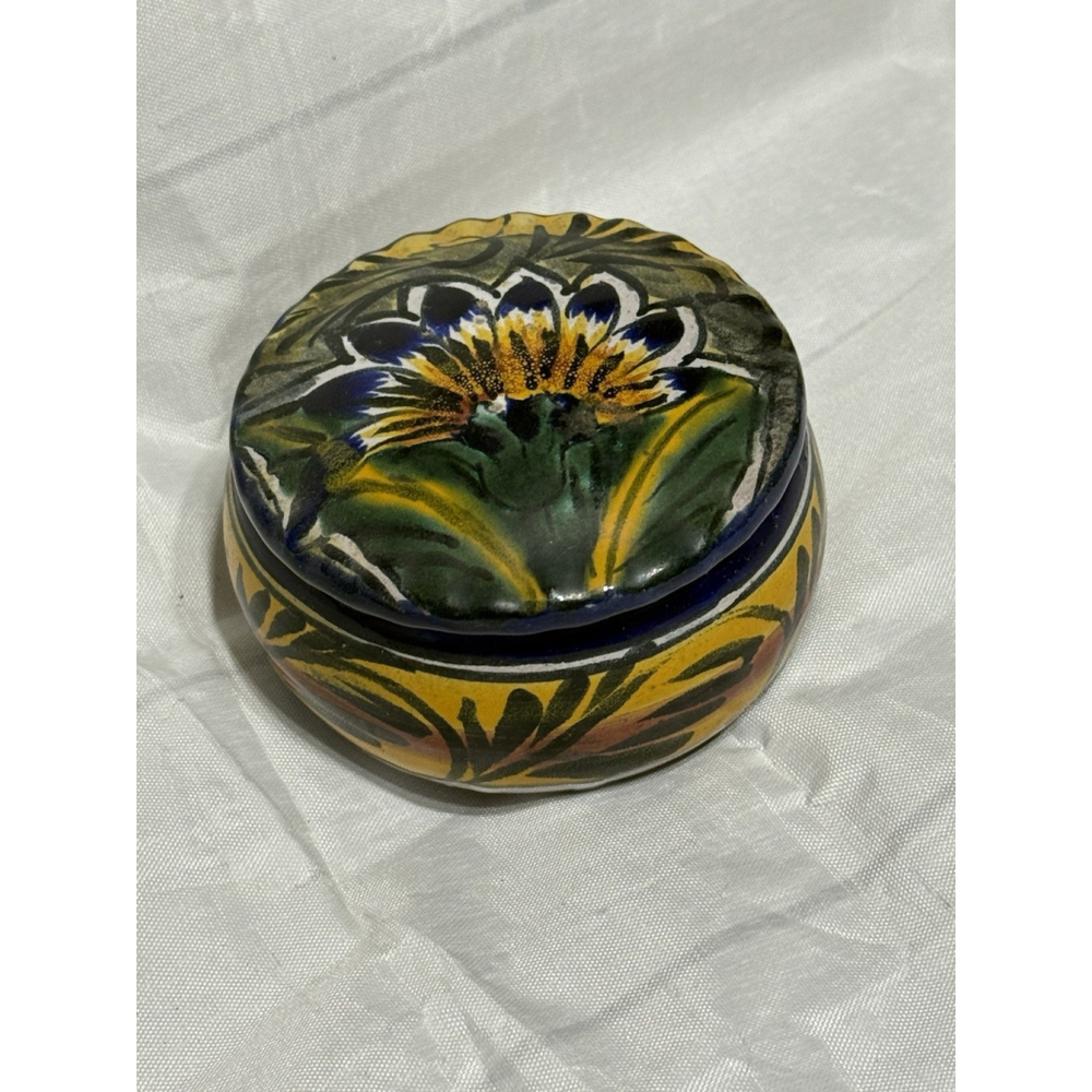 TALAVERA CASTILLO Trinket Candy Dish Bowl w/Lid Mexico Hand Painted Pottery